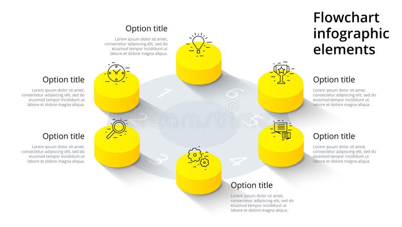 Business process chart infographics with 6 step segments. Isometric 3d corporate timeline infograph elements. Company vector illustration Business process chart infographics with 6 step segments. Isometric 3d corporate timeline infograph elements. Company vector illustration