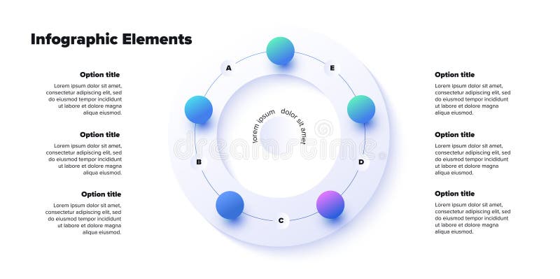 Business process chart infographics with 5 step spheres. Round workflow graphic elements. Company flowchart presentation slide. stock illustration