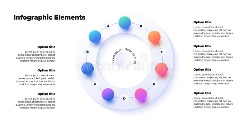Business process chart infographics with 7 step spheres. Round workflow graphic elements. Company flowchart presentation slide. vector illustration