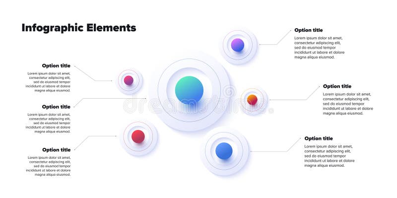Business process chart infographics with 6 step spheres. Round workflow graphic elements. Company flowchart presentation slide. royalty free illustration