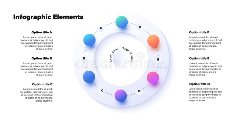 Business process chart infographics with 6 step spheres. Round workflow graphic elements. Company flowchart presentation slide. vector illustration