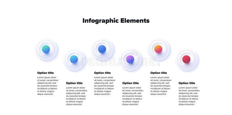 Business process chart infographics with 6 step spheres. Round workflow graphic elements. Company flowchart presentation slide. vector illustration