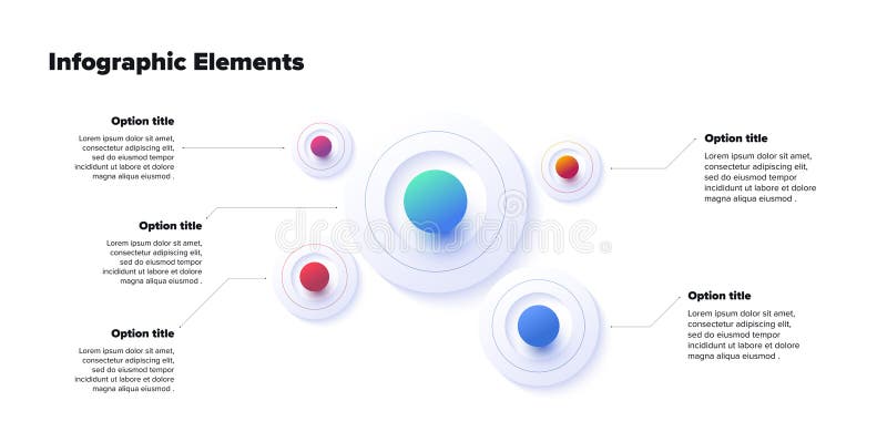 Business process chart infographics with 5 step spheres. Round workflow graphic elements. Company flowchart presentation slide. royalty free illustration