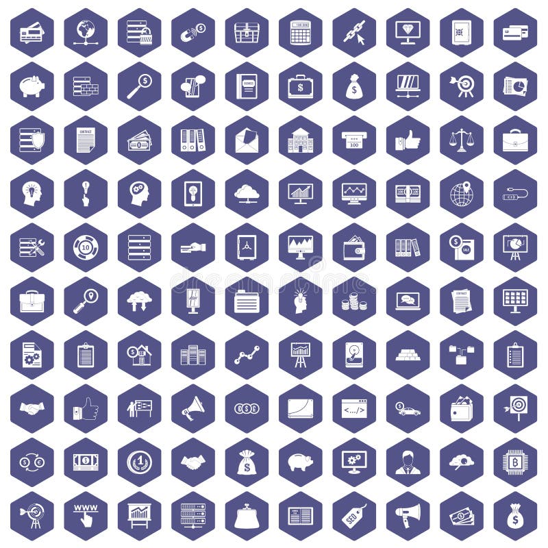 100 business process icons hexagon purple royalty free illustration