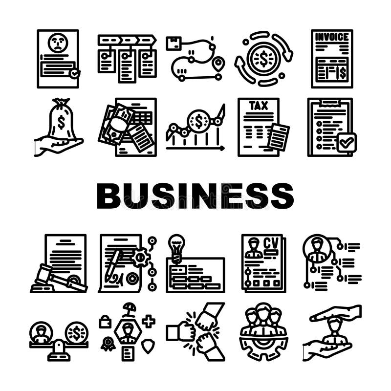 Business process technology icons set vector. system teamwork, data workflow, computer strategy, digital information, project business process technology black contour illustrations