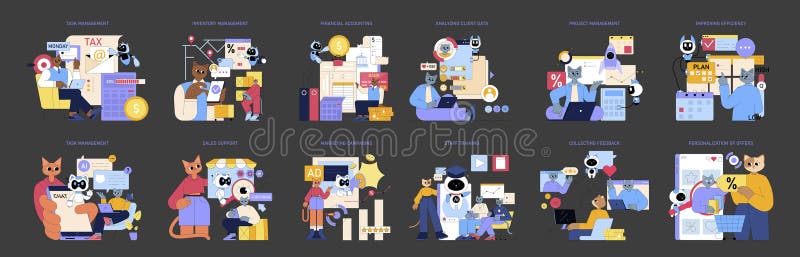 Business Processes set. A comprehensive overview of modern business practices illustrated through various essential processes. Focuses on task management, financial accounting, marketing, and efficiency improvements. Vector illustration. Accounting processes vectors