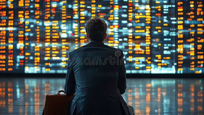 Business Professional Analysis Data Trends in Airport Display Focus Guarda alla tecnologia finanziaria illustrazione di stock