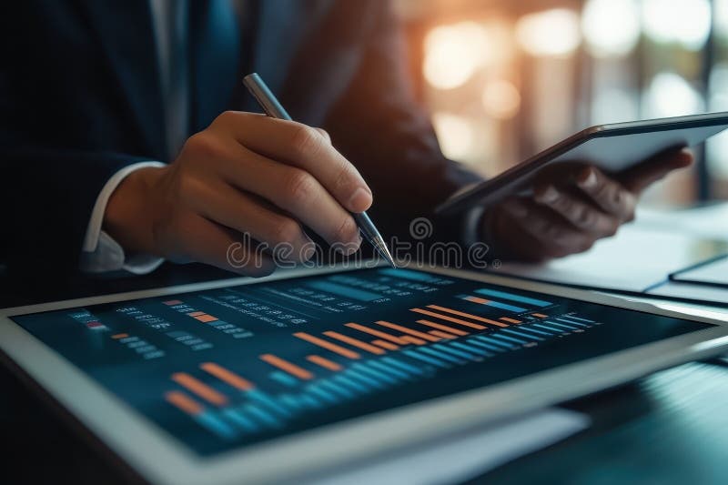 A business professional analyzing data on a tablet and digital display.