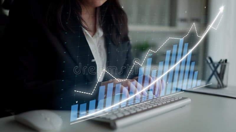 Business professional analyzing financial data on keyboard with emerging graphs and charts illustrating growth and vector illustration