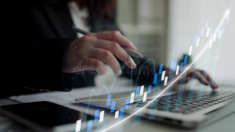 Business professional analyzing financial data with laptop, showing digital financial growth chart and graphs during a vector illustration