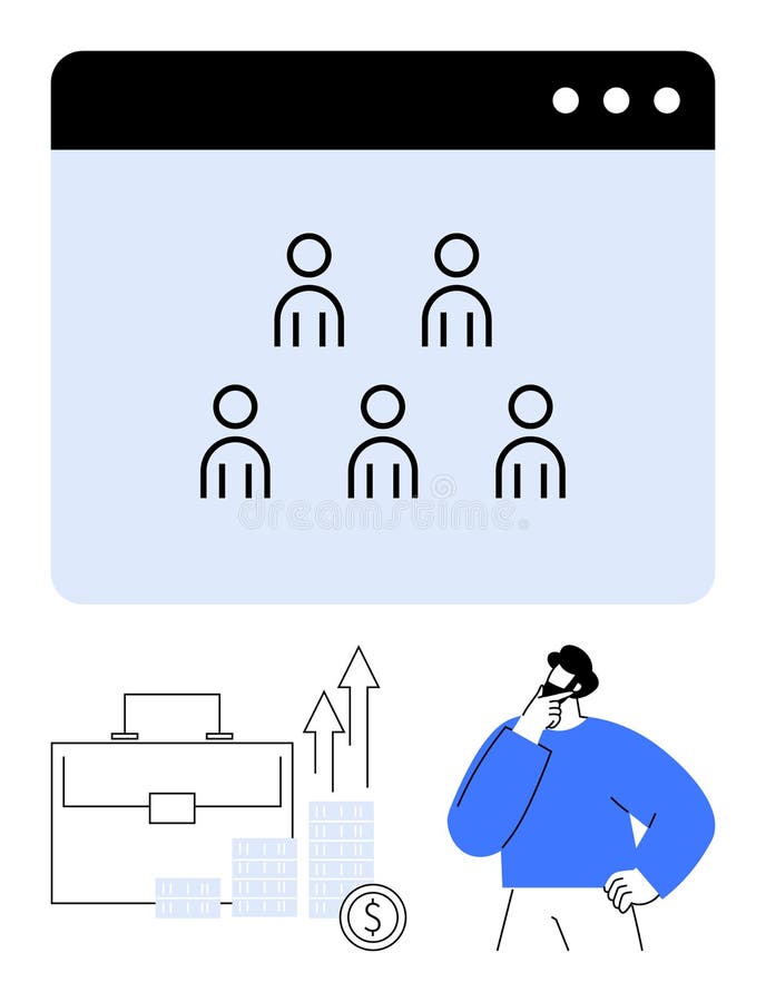 Business professional analyzing team performance and growth metrics, contemplating strategy for improvement stock illustration