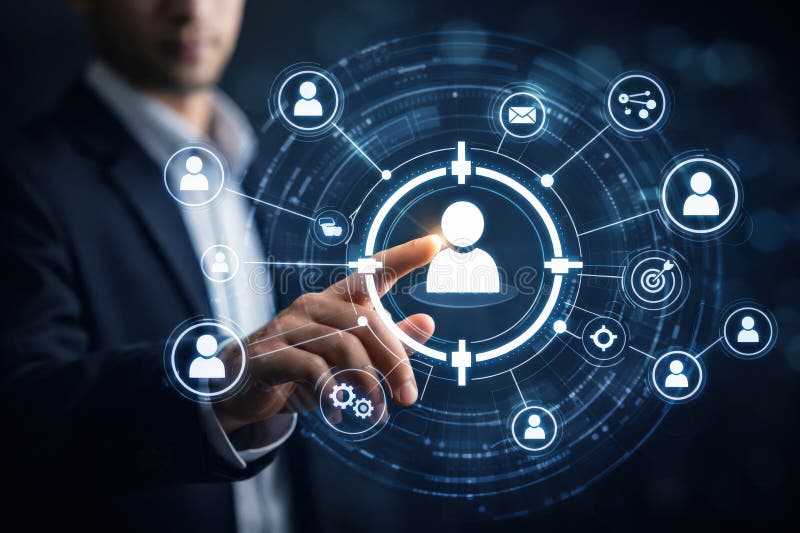 A Business Professional Engaging with a Digital Interface Displaying User Profiles and Connectivity Options to Enhance Networking and Communication. Networking profiles stock images, royalty-free photos and pictures