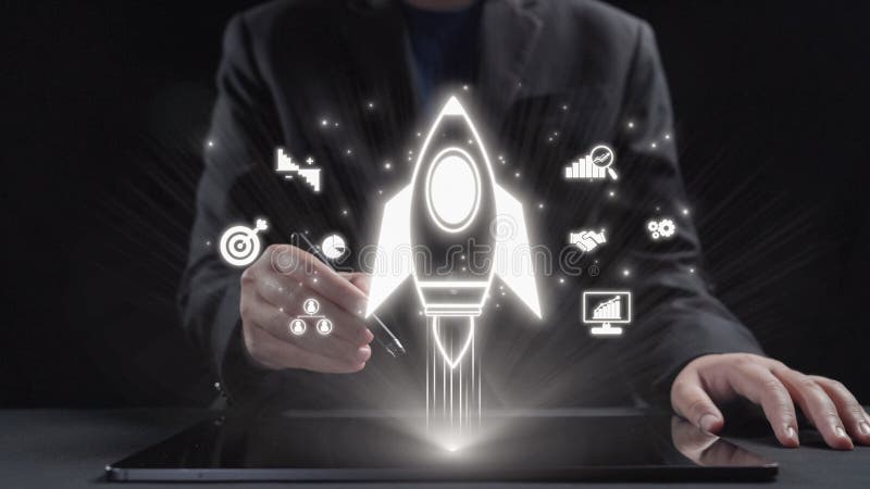 Business professional launching innovative project with digital rocket icon on tablet, symbolizing growth, technology royalty free illustration