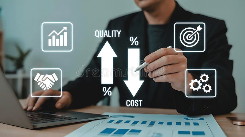 Business professional optimizes performance with technology achieving quality improvement and cost reduction with data analysis stock illustration