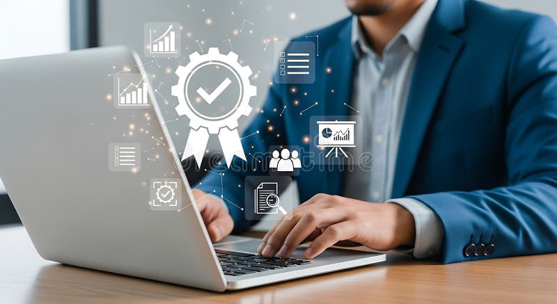 Business professional working on laptop achieving quality assurance and success vector illustration