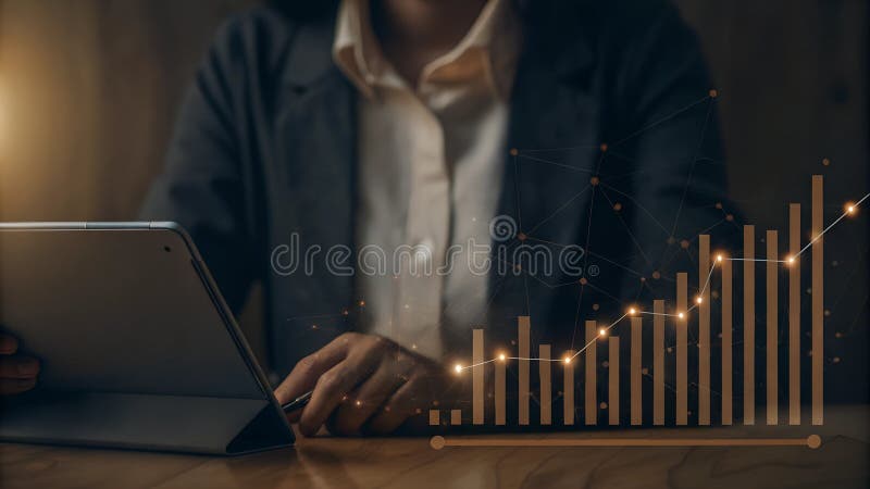 Business Professional Αναλύοντας τα δεδομένα ψηφιακής ανάπτυξης στο Tablet Financial Analytics Idea Rising Bar Σύγχρονη τεχνολογία απεικόνιση αποθεμάτων