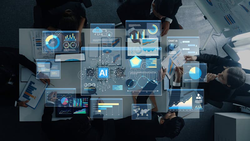 Business Professionals Collaborating on AI Technology Development with Data Visualizations and Analytics on Digital stock illustration