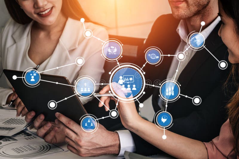 Business professionals collaborating with digital technology and icons representing communication, teamwork, and data vector illustration