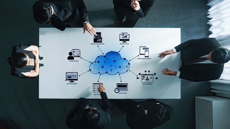 Business professionals discussing innovative cloud computing concepts with digital graphs and icons on table stock illustration