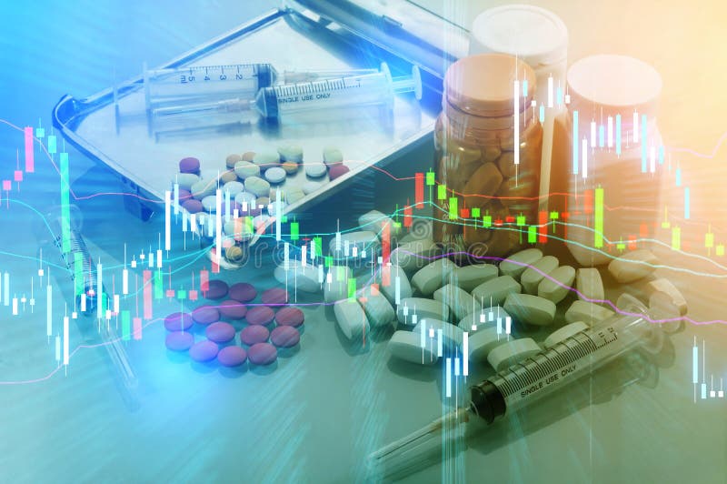 Drugs pill and stock chart growing up with money, business and economic news background. business profit analysis trend and future. hospital and healthcare segment