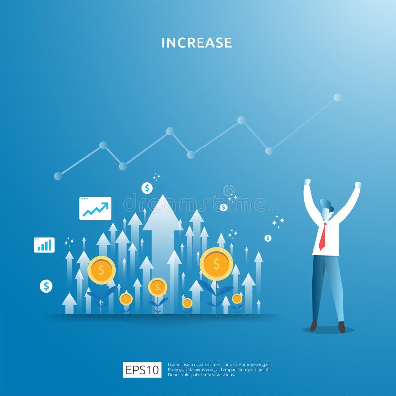 business profit growth, sale grow margin revenue with dollar symbol. income salary rate increase concept illustration with people.