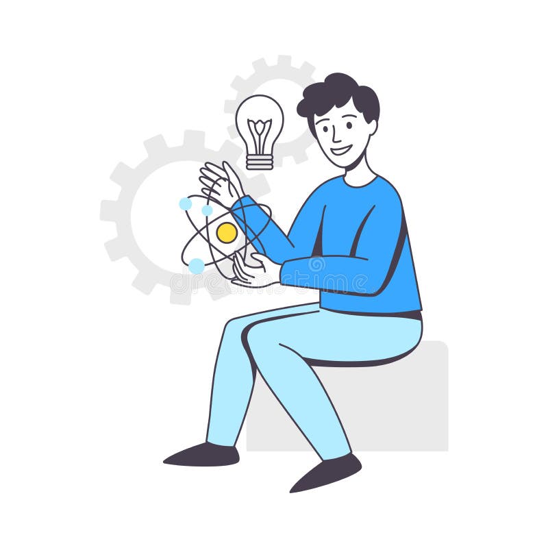 Business Project with Man Character with Light Bulb Working with Startup Outline Vector Illustration royalty free illustration