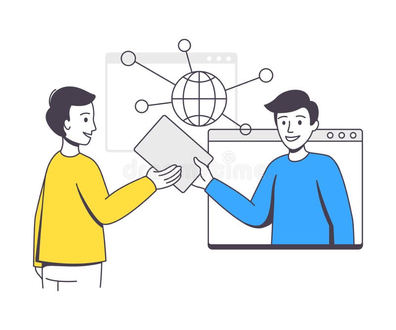 Business Project with Man Character in Web Screen Working with Startup Outline Vector Illustration vector illustration