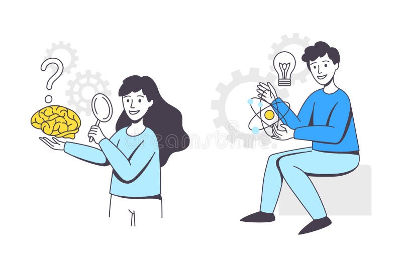Business Project with Man and Woman Character with Brain and Lightbulb Working with Startup Outline Vector Set vector illustration
