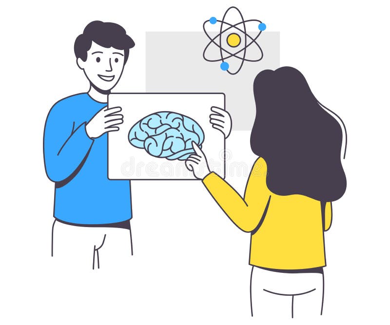 Business Project with Man and Woman Character with Brain Working with Startup Outline Vector Illustration stock illustration