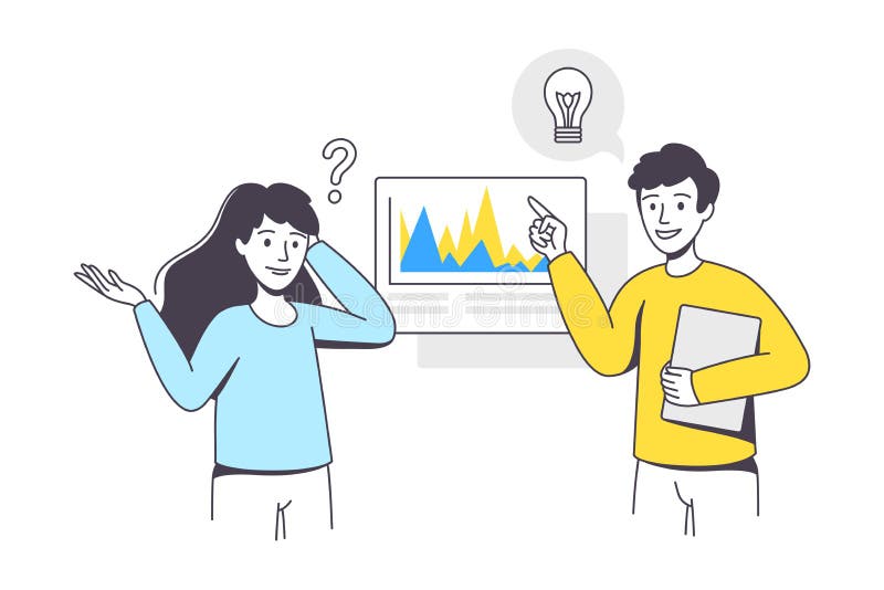 Business Project with Man and Woman Character with Graph and Light Bulb Working with Startup Outline Vector Illustration royalty free illustration