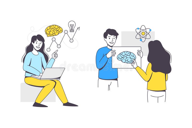 Business Project with Man and Woman Character with Laptop and Brain Working with Startup Outline Vector Set vector illustration