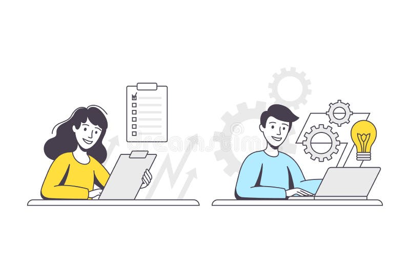 Business Project with Man and Woman Character with Laptop and Clipboard Working with Startup Outline Vector Set stock illustration