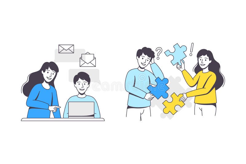 Business Project with Man and Woman Character with Laptop and Jigsaw Puzzle Working with Startup Outline Vector Set vector illustration