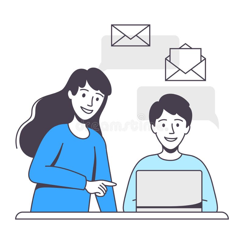 Business Project with Man and Woman Character with Laptop Working with Startup Outline Vector Illustration vector illustration