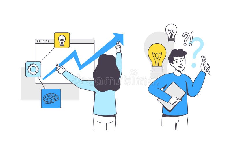 Business Project with Man and Woman Character with Lightbulb and Graph Arrow Working with Startup Outline Vector Set stock illustration