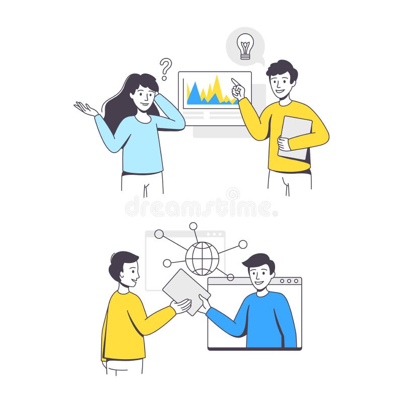 Business Project with Man and Woman Character with Lightbulb and Web Page Working with Startup Outline Vector Set stock illustration