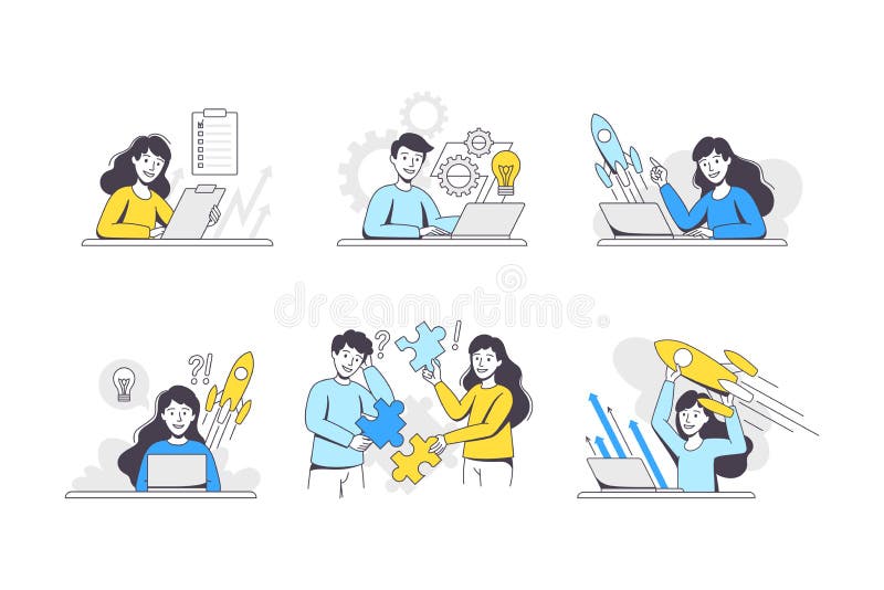 Business Project with People Character with Lightbulb, Rocket and Jigsaw Puzzle Working with Startup Outline Vector Set stock illustration
