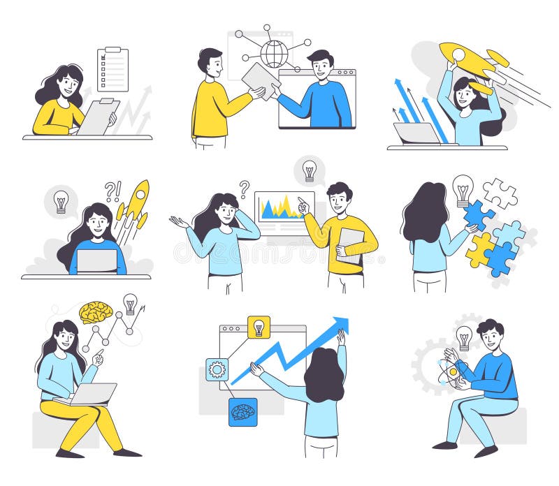 Business Project with People Character Working with Startup Outline Vector Illustration Set stock illustration