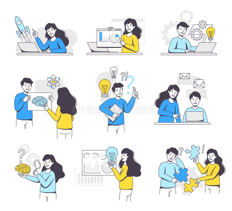 Business Project with People Character Working with Startup Outline Vector Illustration Set vector illustration