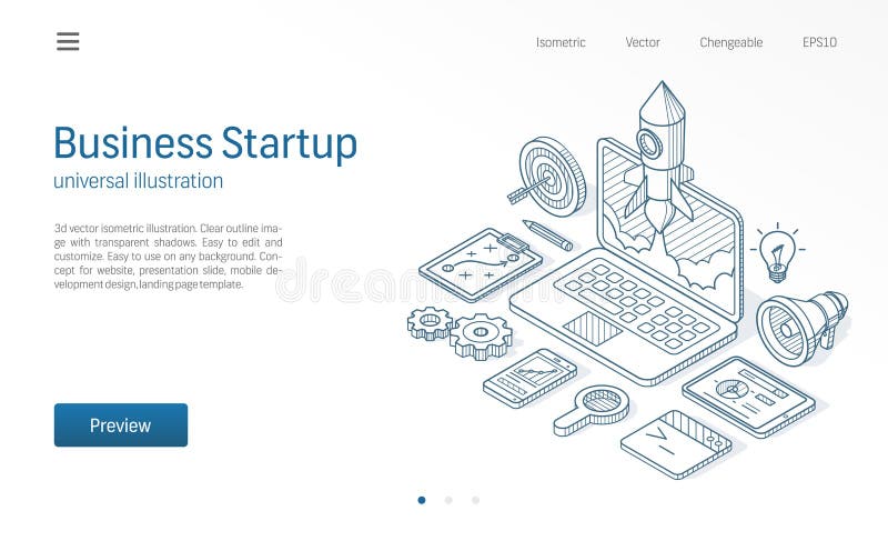 Business project startup modern isometric line illustration. Laptop rocket launch drawn sketch icon. Innovation, success vector illustration