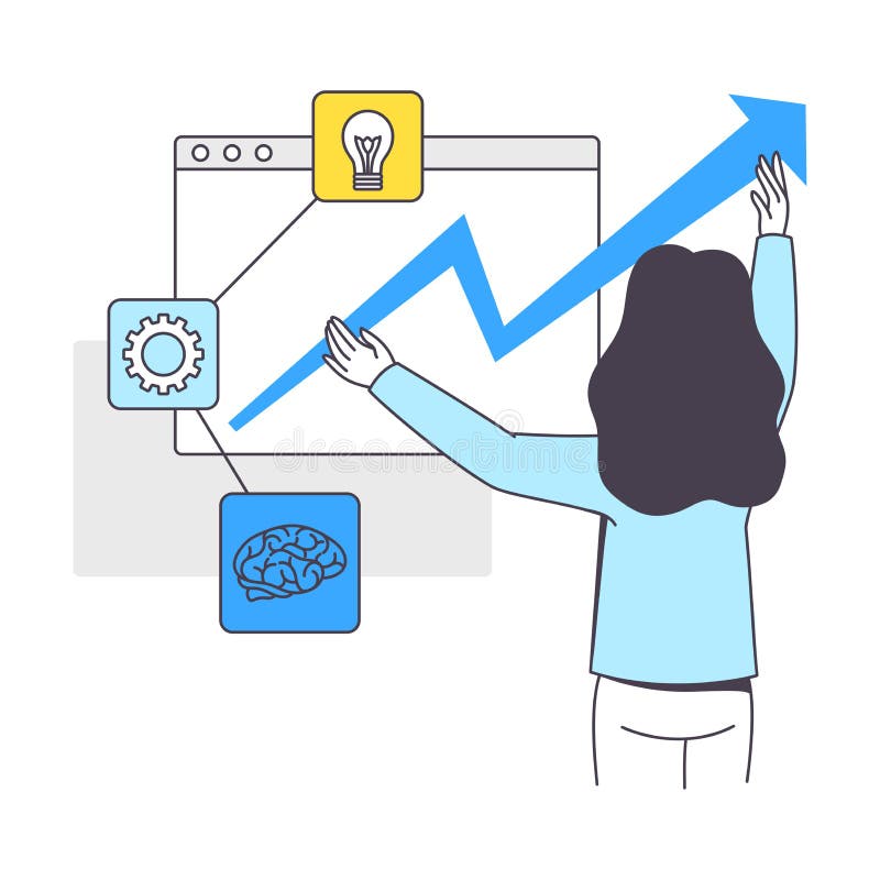 Business Project with Woman Character with Arrow at Computer Screen Working with Startup Outline Vector Illustration stock illustration