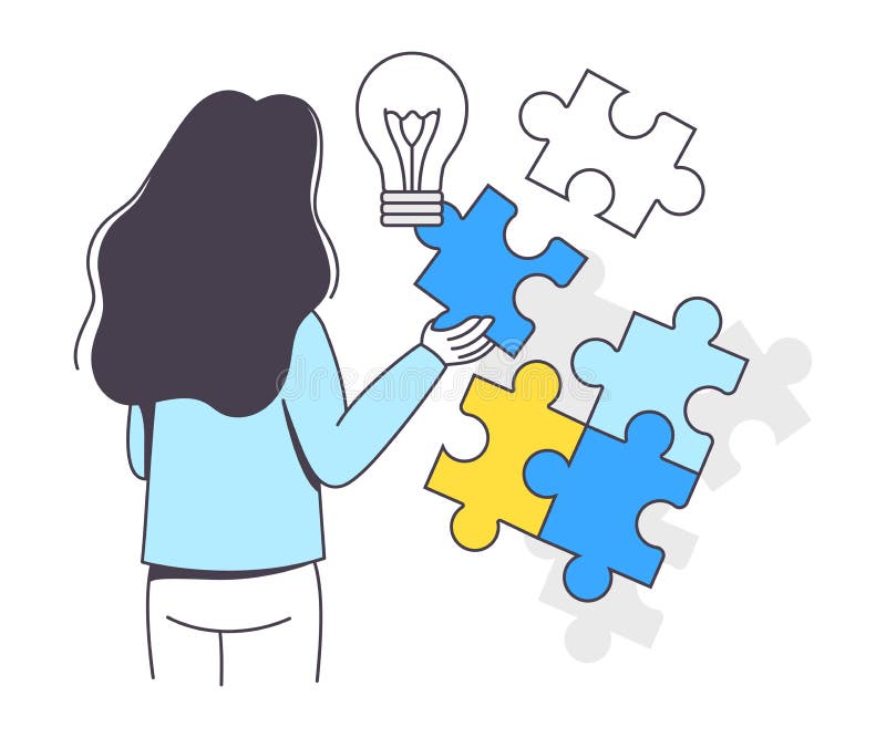 Business Project with Woman Character with Jigsaw Puzzle and Light Bulb Working with Startup Outline Vector Illustration royalty free illustration