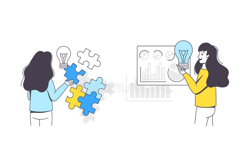 Business Project with Woman Character with Jigsaw Puzzle and Lightbulb Working with Startup Outline Vector Set stock illustration