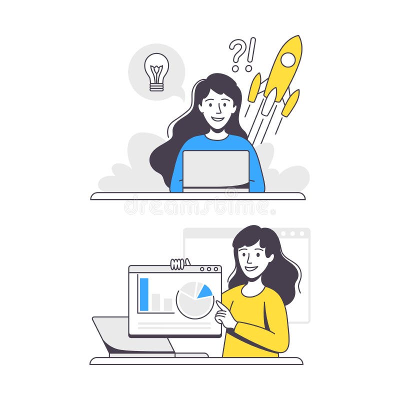 Business Project with Woman Character with Laptop and Chart Working with Startup Outline Vector Set royalty free illustration