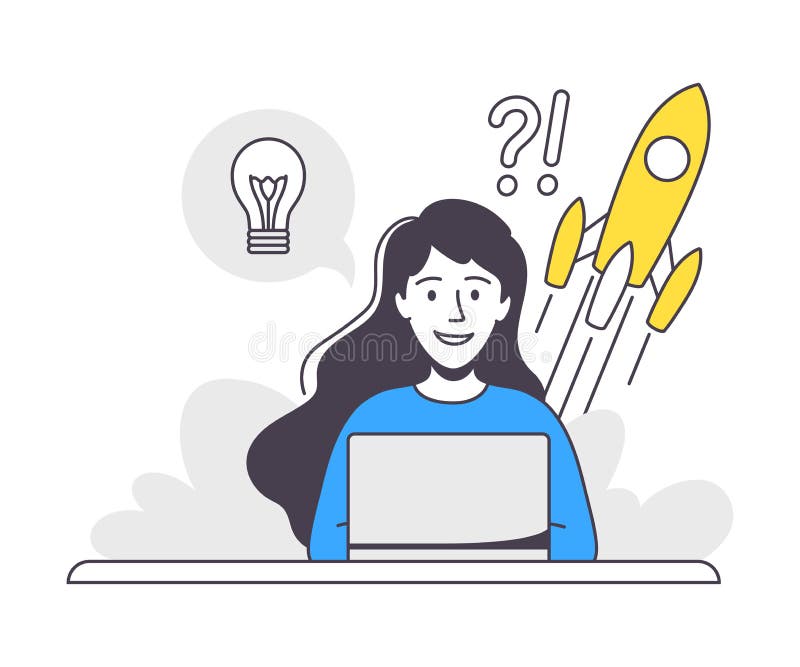 Business Project with Woman Character with Laptop and Rocket Launch Working with Startup Outline Vector Illustration stock illustration