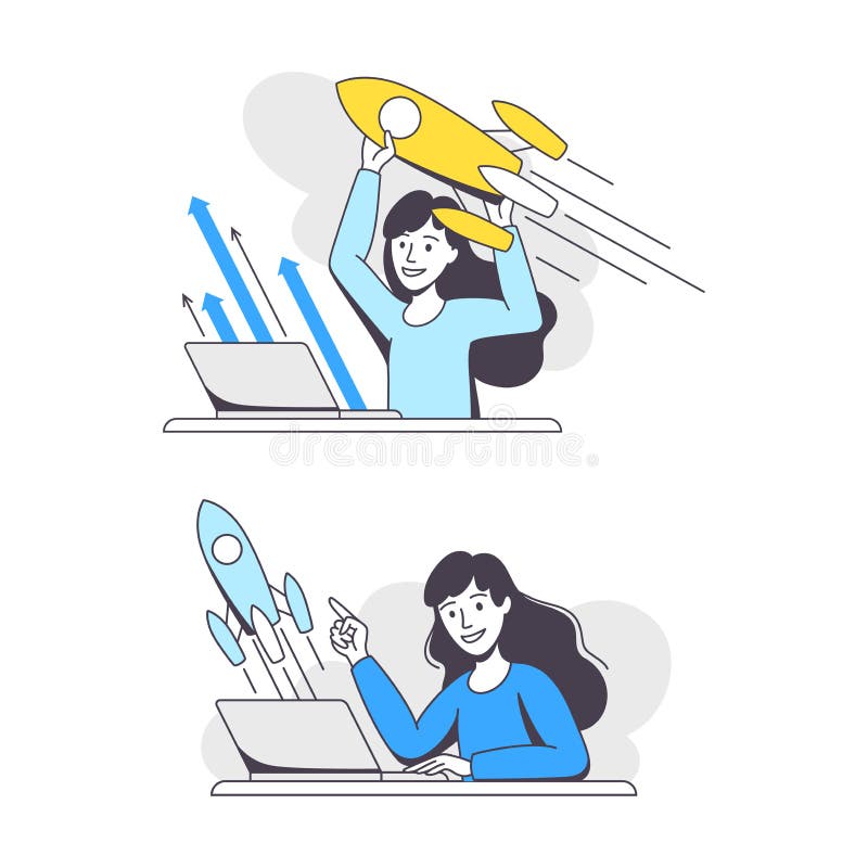 Business Project with Woman Character with Laptop and Rocket Working with Startup Outline Vector Set vector illustration
