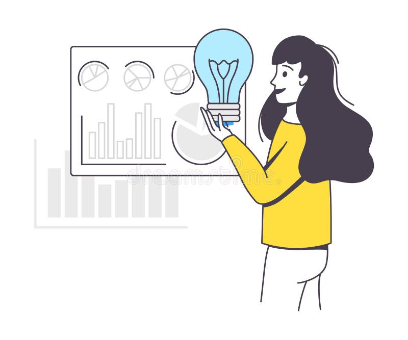 Business Project with Woman Character with Light Bulb and Graph Working with Startup Outline Vector Illustration stock illustration