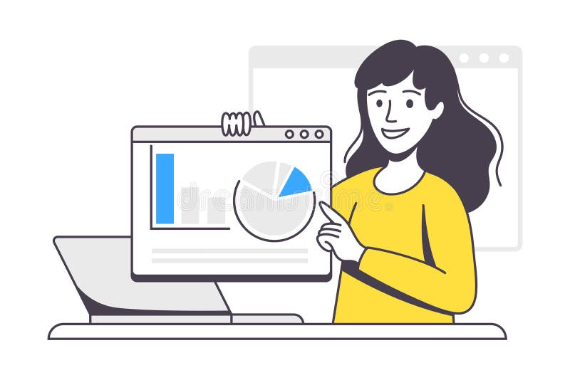 Business Project with Woman Character Showing Analytics Graph or Data Chart Working with Startup Outline Vector vector illustration