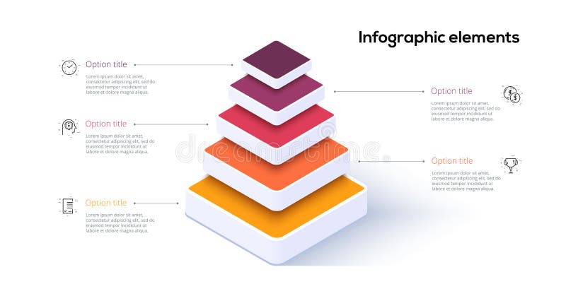 Business pyramid chart infographics with 5 steps. Pyramidal stages graph elements. Company hiararchy levels presentation template