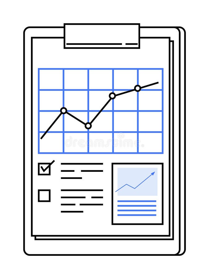 Business Report with Line Chart and Checklist on Clipboard. Clipboard displaying a line chart, checklist, and another small chart. Ideal for business presentations, data analysis, project management, financial reports, and strategic planning. Simple, modern st